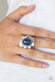 Fairytale Magic - Blue Cat's Eye Stone Silver Feather Wide Band Ring