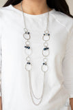 Ante Upscale - Blue Pearl Charms Silver Oversized Hoops Long Necklace