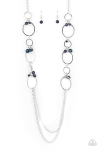 Ante Upscale - Blue Pearl Charms Silver Oversized Hoops Long Necklace