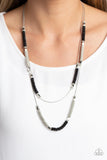 Caviar Chic - Black Studded Beads Silver Snake Chain Long Necklace