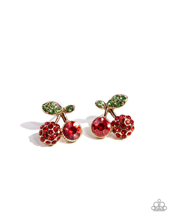 Cherry Candidate - Gold Leaves Duo Cherries Post Earrings