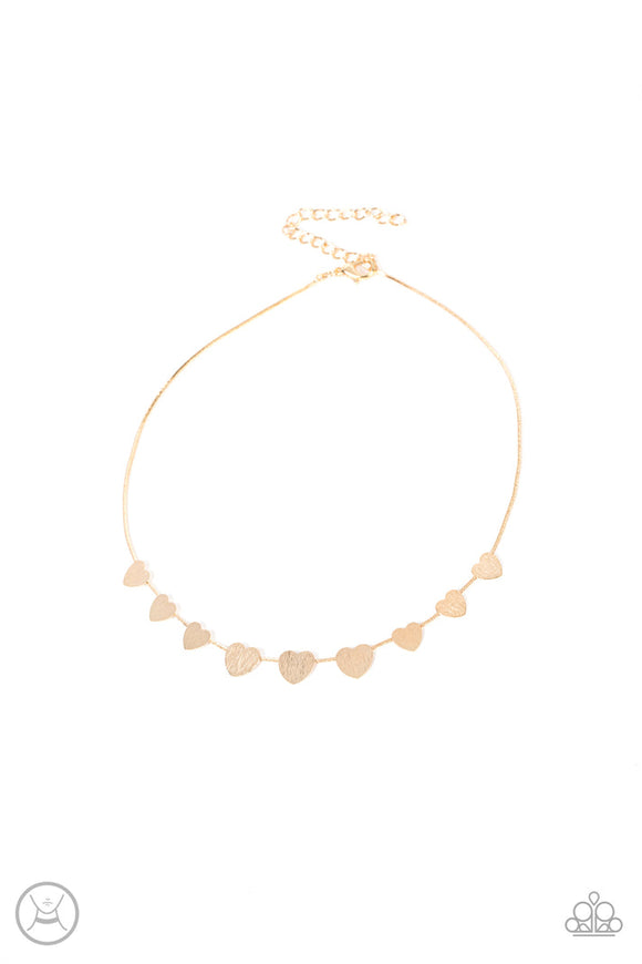 Dainty Desire - Gold Flat Scratched Dainty Hearts Choker Necklace