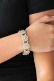 Dancing Dahlias - Silver - White - Brown Floral Painted Gray Petals Stretchy Bracelet