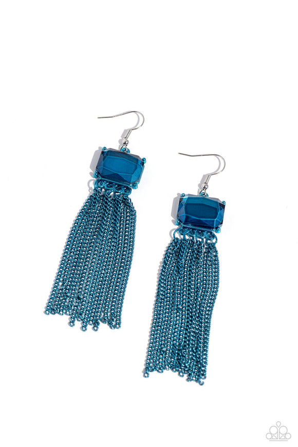 Dreaming of Tassels - Blue Chains Blue Gem Fishhook Earrings