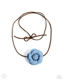 Floral Folktale - Brown Suede Oversized Blue Rose Choker Necklace