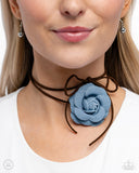 Floral Folktale - Brown Suede Oversized Blue Rose Choker Necklace