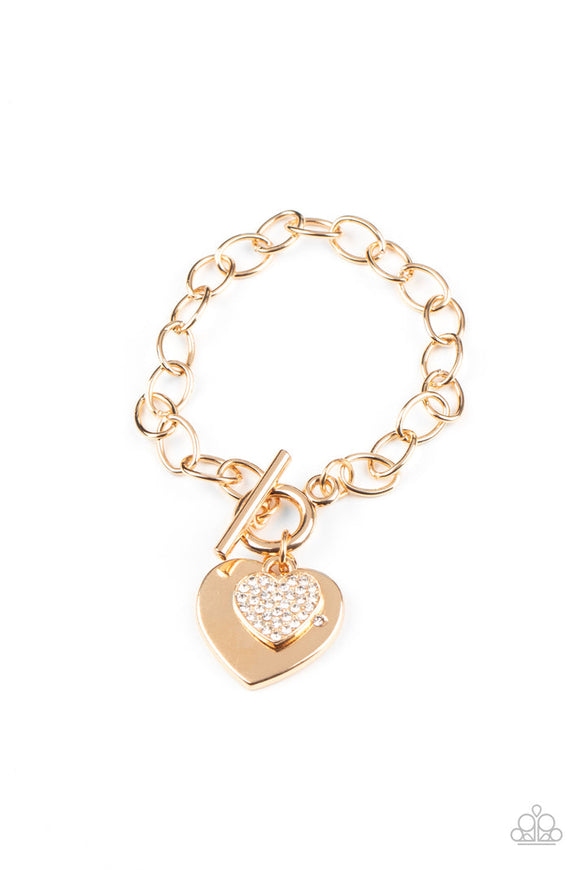 Heartbeat Bedazzle - Gold Heart Frame White Rhinestones Toggle Bracelet