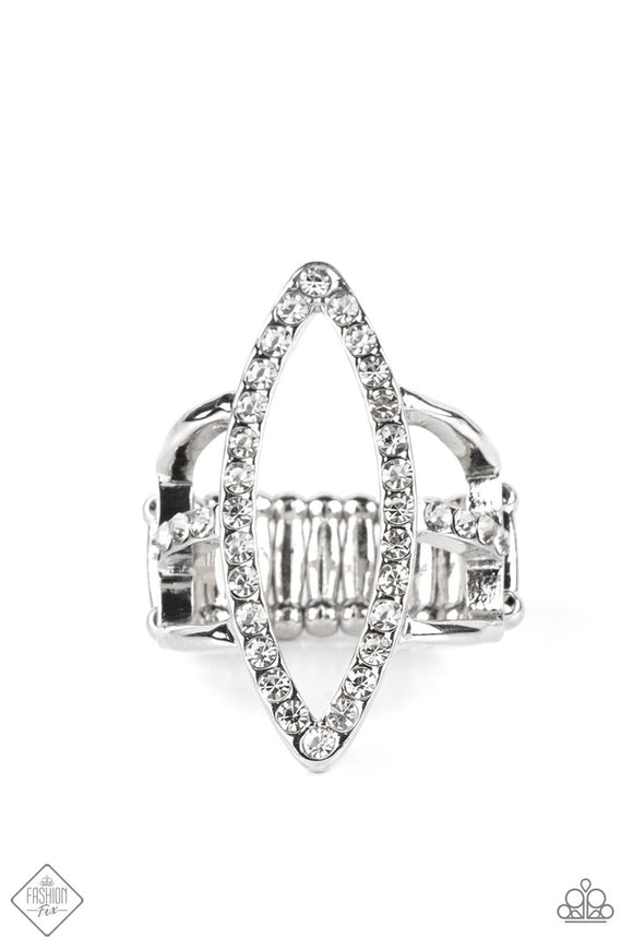 Icy Intuition - White Rhinestones Silver Marquise-Shaped Frame Wide Band Ring Fashion Fix Ring