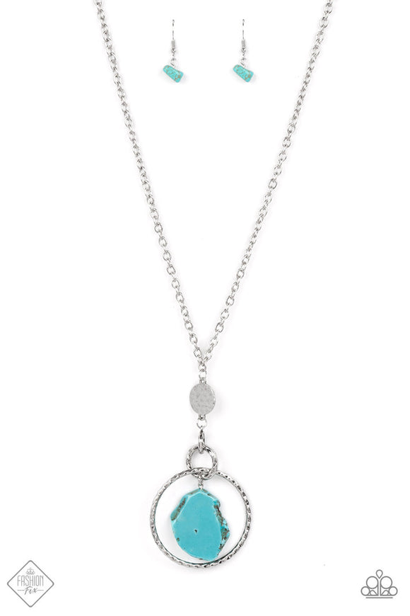 Keep The Piece - Blue/Turquoise Stone Silver Hoop Long Necklace - FF Necklace