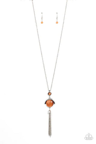 Lavishly Lucid - Orange Cat's Eye Stone Pendant Long Necklace