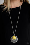 Medallion Meadow - Yellow - White Stone Silver Hammered Medallion Long Necklace