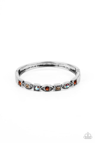 Poetically Picturesque - Brown Light Topaz Iridescent Rhinestones Bangle-Like Hinged Bracelet