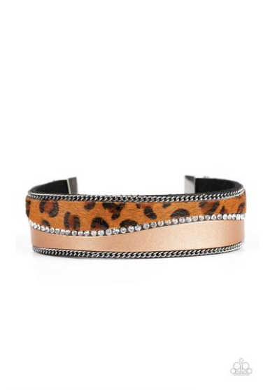 Flirtatiously Feline - Brown Leather Cheetah Print Urban Clasp Bracelet