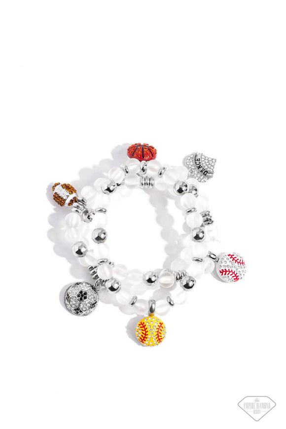 Sports Fan - Multi Rhinestone Encrusted Sport Balls and Heart Charms Stretchy Bracelet