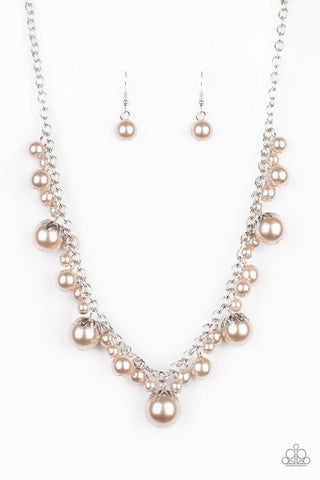 Uptown Pearls - Brown - Orange Oversized Pearls Leafy Silver Fittings Short Necklace