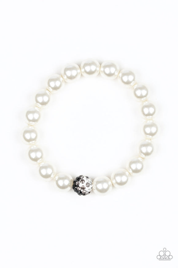 Voila! - White - Black Pearly Beads Multi Rhinestones in Center Bead Stretchy Bracelet