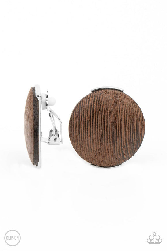 Woodwork It - Brown Oversized Wooden Disc Clip-On Earrings