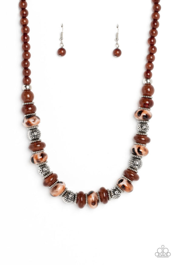 Warped Whimsicality - Brown Spotted Ceramic-Like Beads Short Necklace