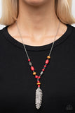 Watch Me Fly - Red Stones, Wooden Beads Silver Life-Like Feather Short Necklace