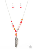 Watch Me Fly - Red Stones, Wooden Beads Silver Life-Like Feather Short Necklace