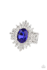 Five Star Stunner - Blue Oversized Oval Gem White Rhinestones Wide Band Ring