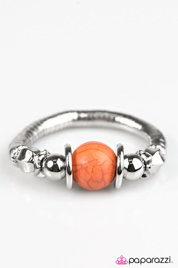 Brace Yourself - Orange Oversized Crackle Bead Silver Stretchy Bracelet