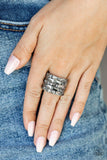 Checkered Couture - Silver Bar-Like Accents Hematite Rhinestones Wide Band Ring