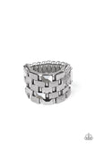 Checkered Couture - Silver Bar-Like Accents Hematite Rhinestones Wide Band Ring