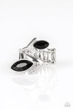 Flawless Foliage - Black Rhinestones Silver Leafy Frames Wide Band Ring