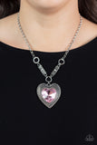 Heart Full of Fabulous - Multi - Pink Oversized Iridescent Heart Gem Inside Silver Heart Short Necklace