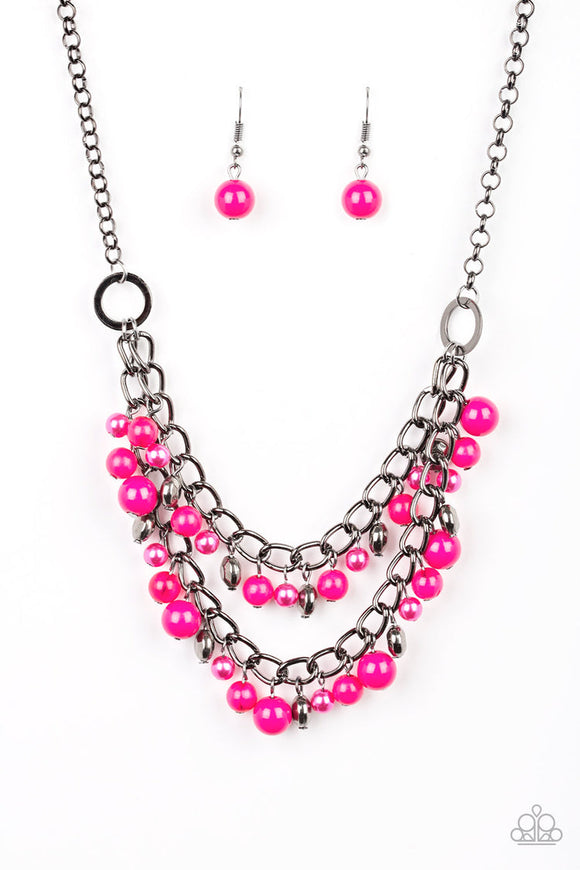 Watch Me Now - Pink Pearly Beads Gunmetal Chain Short Necklace