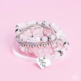 Optimistic Opulence - Pink Glassy Iridescent Beads Silver Inspirational Heart "Love Your Life" Stretchy Bracelet