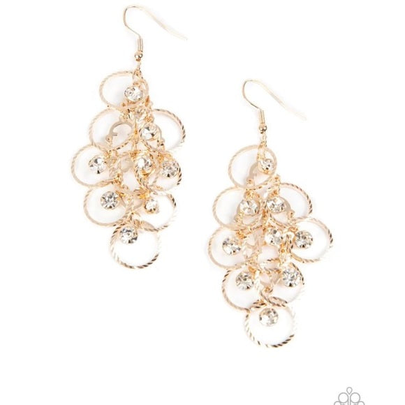 Head Rush - Gold Hoops Interlocking with White Rhinestones Fishhook Earrings