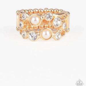 Treasure Treatment - Gold Band White Rhinestones Wide Band Ring Exclusive Ring