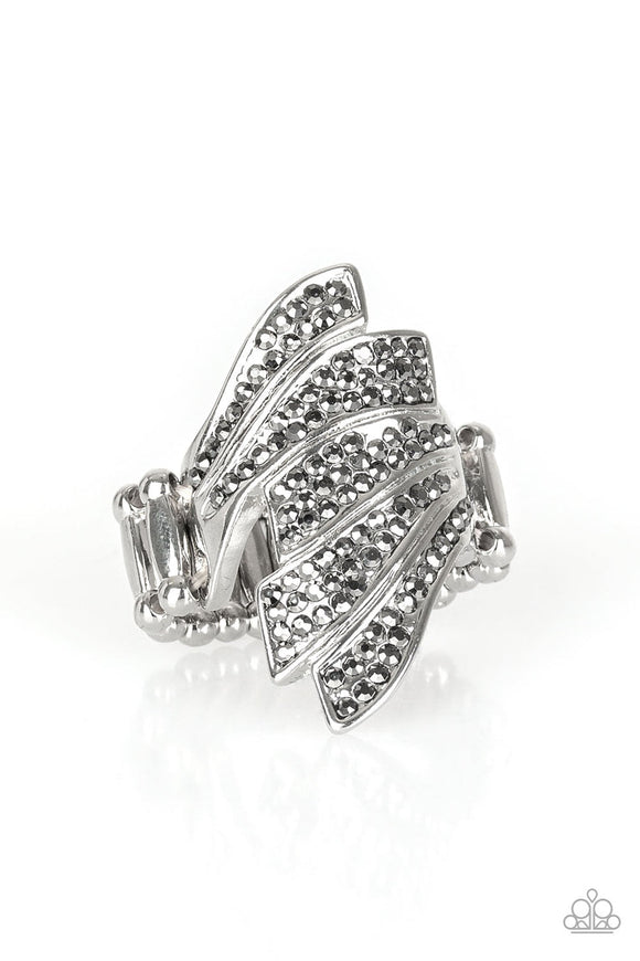 Majestically Monte Carlo - Silver Band Hematite Rhinestones Wide Band Ring