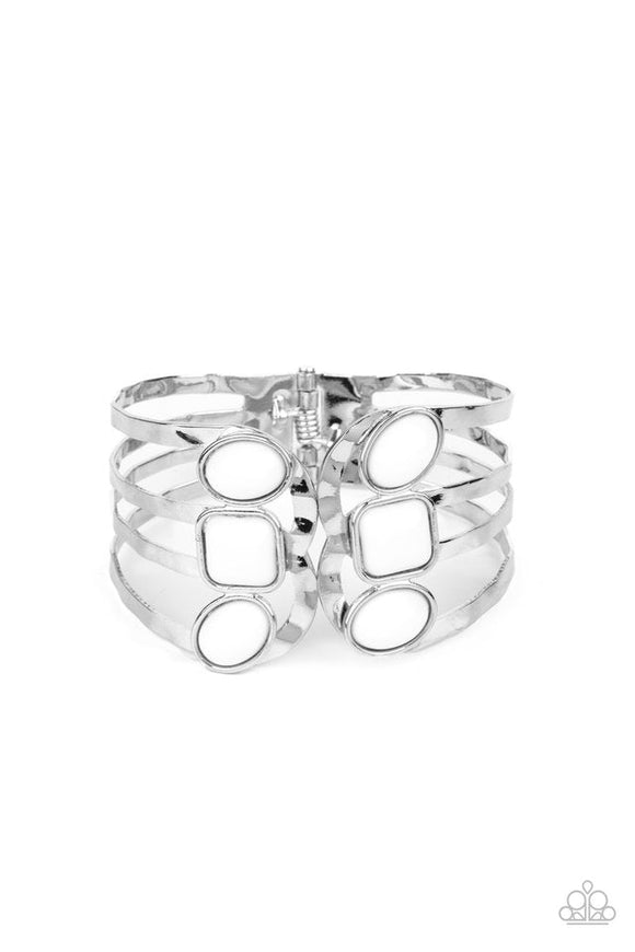 Mystified - White Beads Hammered Silver Bars Hinged Bracelet