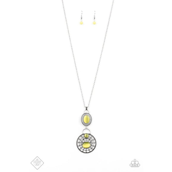 Hook, Vine, and Sinker - Yellow Cat's Eye Stones Silver Filigree Frames Long Necklace - Fashion Fix Necklace