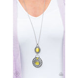 Hook, Vine, and Sinker - Yellow Cat's Eye Stones Silver Filigree Frames Long Necklace - Fashion Fix Necklace