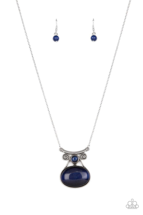 One Daydream at a Time - Blue Cat's Eye Stone Silver Bar and Chain Short Necklace