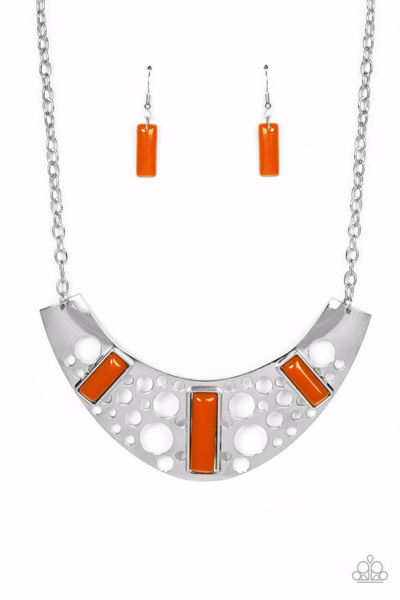 Real Zeal - Orange Rectangular Beads Silver Stenciled Plate Short Necklace - Fashion Fix Exclusive Necklace  Nov. 2022