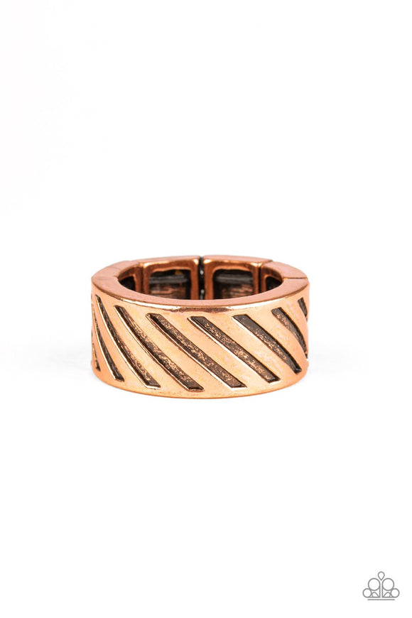 The Cavalier - Copper Slanting Linear Pattern Unisex Wide Band Ring