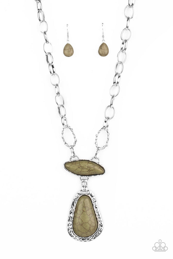 Rural Rapture  - Green Olive Stones Silver Hammered Links Short Necklace