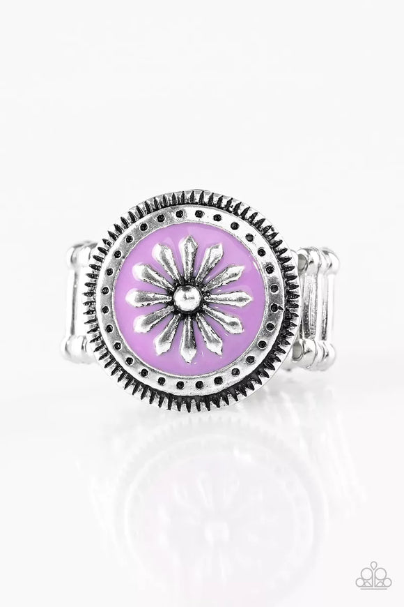 Free Spirited Flower - Purple Backing Silver Daisy Wide Band Ring