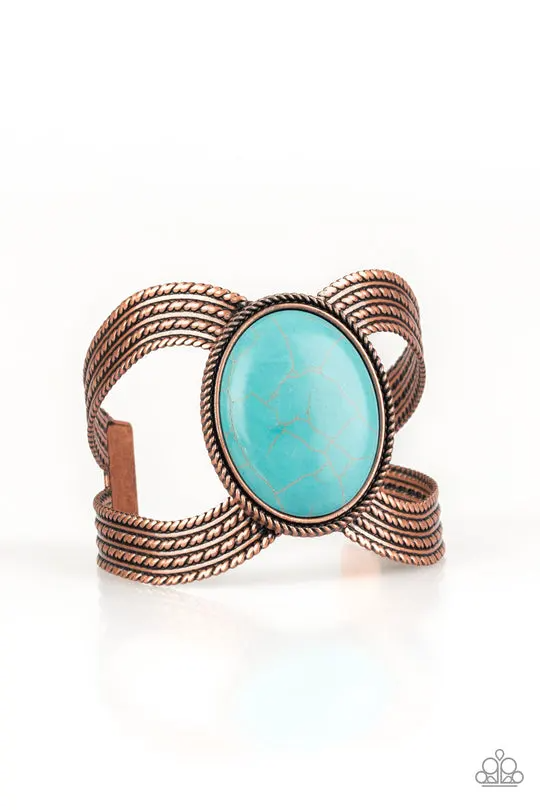 Coyote Couture - Copper Textured Bars Turquoise Stone Cuff Bracelet