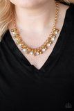 Wall Street Winner - Black/Gunmetal - Gold Beads Oversized White Rhinestones Short Necklace