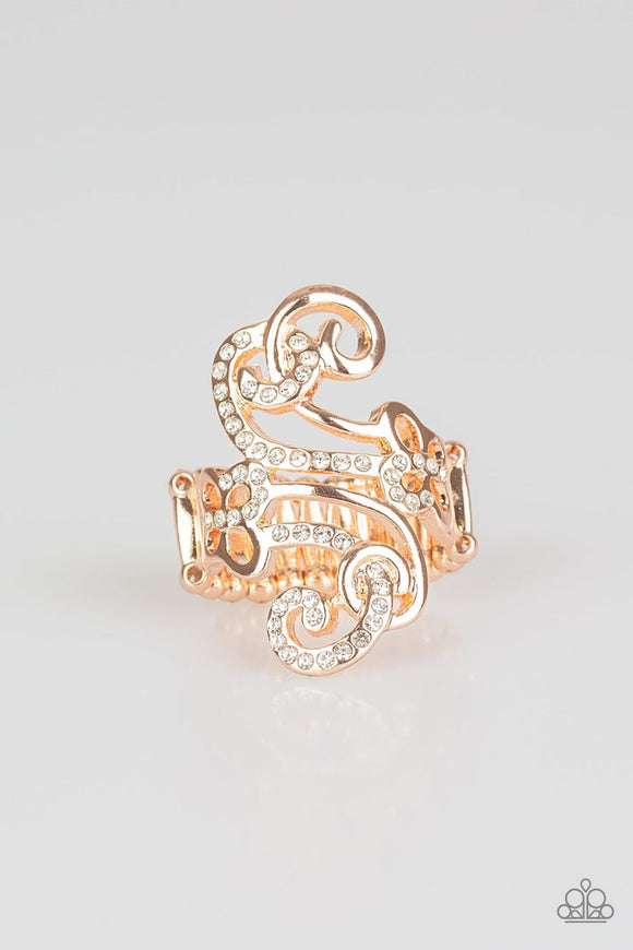 Waltzing Wonders - Rose Gold Ribbon Encrusted White Rhinestones Wide Band Ring