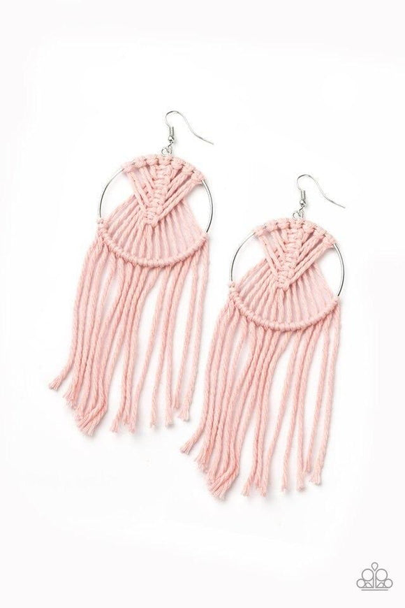 MACRAME, Myself, And I - Pink, Green, and White Macrame Twine Fishhook Earrings