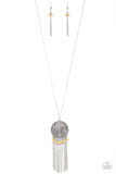 Get a Roam! - White - Yellow Dainty Stone Beads Scratched Silver Disc Long Necklace