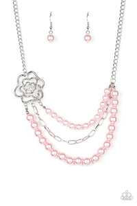 Fabulously Floral - Pink Pearls Silver Airy Floral Frame Short Necklace