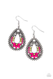 Atta-GALA - Green/Grey and Pink/Yellow Flower on Bottom of silver Teardrop Frame Fishhook Earrings